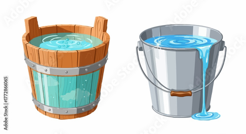 Wooden and Metal Buckets Filled with Water Vector Illustration