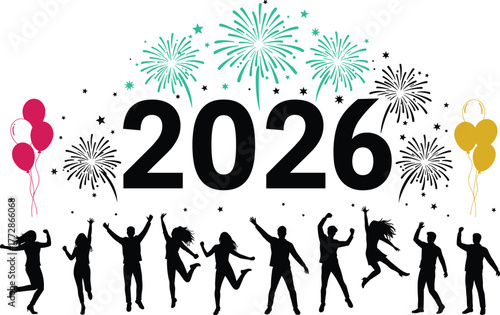 New, Year, 2026, Happy, Fireworks, Balloons, Celebration, Crowd, Silhouette, Typography, Vector, Cad, Drawing, Design, Illustration, Festive, Decorative, Icon, Party, Event