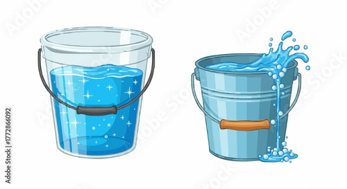 Set of two illustrated buckets filled with clean water, one a calm transparent pail and the other a metal bucket splashing over