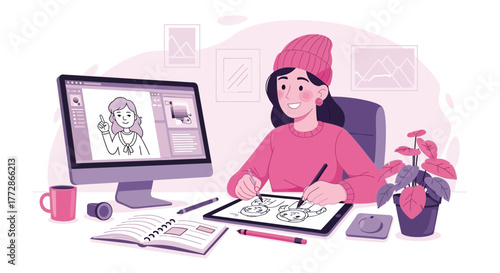 Creative Illustrator Working On Her Digital Tablet Illustrating Characters With Skillful Precision