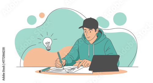 Creative Individual Drafting, Planning on Paper Near Idea Bulb and Digital Device