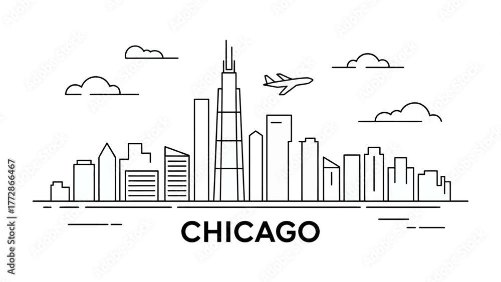 Obraz premium Chicago Skyline: A clean, graphic representation of the iconic Chicago skyline, rendered in minimalist lines, showcasing the city's impressive architecture against the sky, with an airplane overhead.