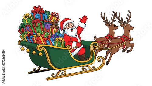 Santa's Merry Ride: A cheerful Santa Claus waves merrily from his sleigh, piled high with colorful gifts, as his reindeer guide the way, heralding the magic of Christmas.