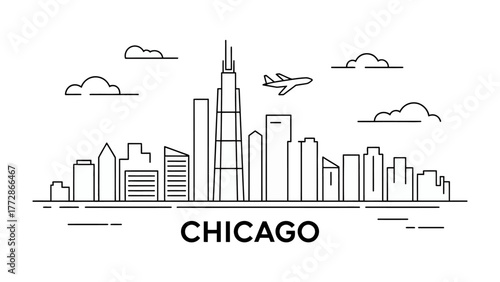 Chicago Skyline: A clean, graphic representation of the iconic Chicago skyline, rendered in minimalist lines, showcasing the city's impressive architecture against the sky, with an airplane overhead.