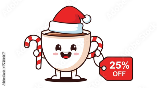 Festive Coffee Deal: An adorable coffee cup mascot, adorned with a Santa hat and a candy cane, gleefully promotes a 25% OFF discount, embodying the warmth and cheer of holiday deals.