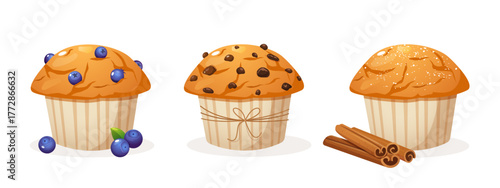 Vector illustration of three muffins with different toppings including blueberry, chocolate, and cinnamon flavors isolated on a white background. Sweet dessert collection, bakery design, food art.