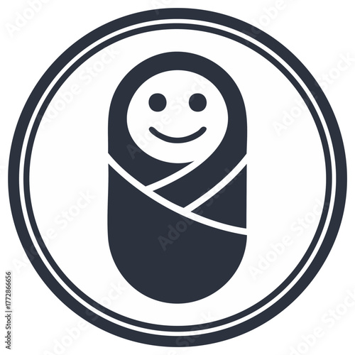 Simple baby silhouette inside a circle logo design, newborn swaddled and smiling.