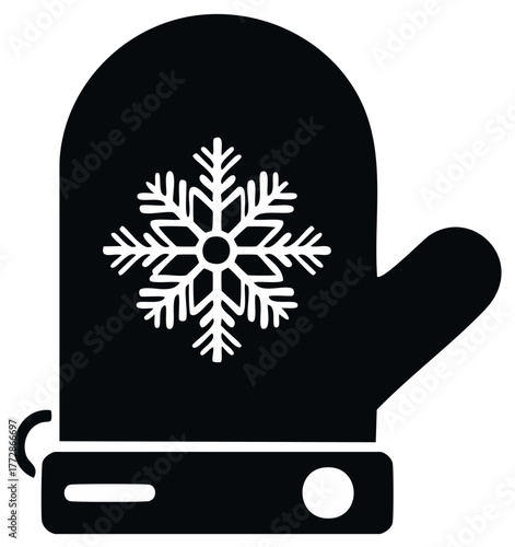 Winter mitten illustration featuring a snowflake design, black and white.