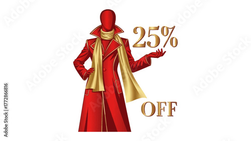 25% OFF Fashion Sale: A striking depiction of a mannequin elegantly attired in a vibrant red coat and a flowing gold scarf. The ensemble is enhanced with a bold 25% OFF announcement.