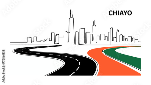 Urban Road to City Skyline: A sleek black road curves gracefully towards a distant city skyline, symbolizing a journey toward progress. A vibrant orange and green road provides a contrast.