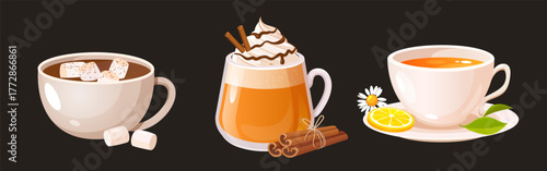 Illustration of three different warm beverages including hot chocolate, pumpkin spice latte, and lemon tea against a dark brown background. Cozy autumn and winter drink concept, café menu, etc.