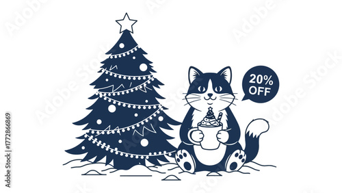 Festive feline: A charming cartoon cat, nestled beside a decorated Christmas tree, holds a warm beverage with a 20% OFF speech bubble, exuding seasonal cheer.