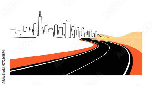 Journey's Path: A stylized road curves toward a distant cityscape, symbolizing travel, progress, and the promise of new horizons.