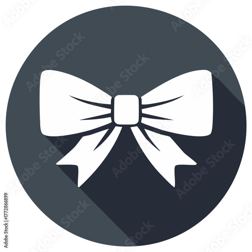 Elegant white bow icon with soft shadow on a dark gray circular background for present or gift decorations or marketing themes