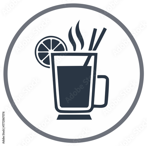 Mulled wine in glass with lemon slice and cinnamon sticks vector icon illustration for winter holidays