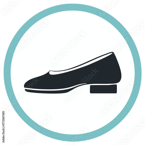 Women's low heel pump shoe flat design icon. Simple footwear symbol in a circular frame.
