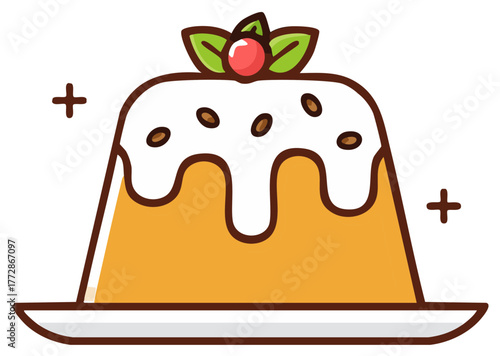 Festive Christmas pudding with icing and decorations icon for holiday season, food, sweets, tasty dessert