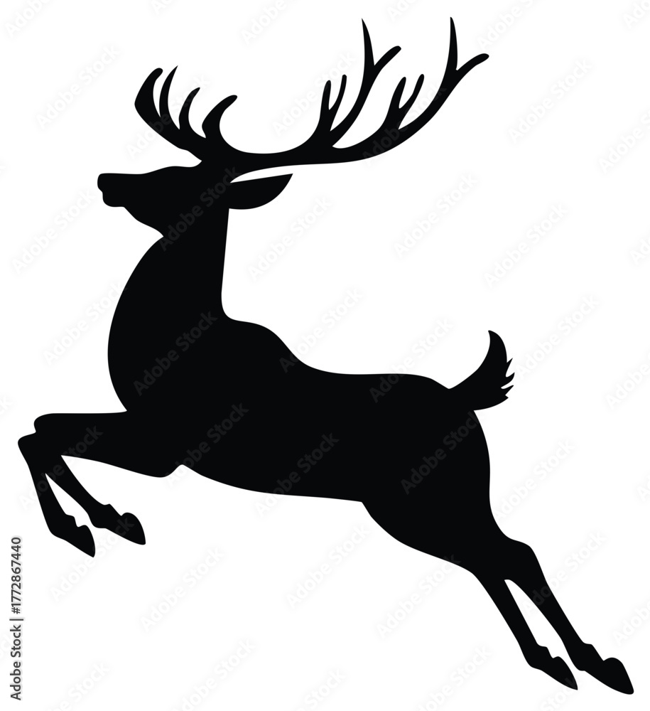 Fototapeta premium Leaping stag silhouette black graphic illustration deer with antlers jumping