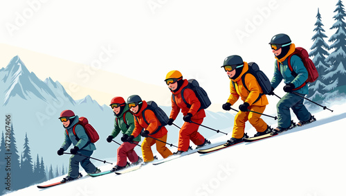 Ski patrol on slope group skiing in formation down snowy hill under soft light, concept of unity and coordination in alpine rescue work