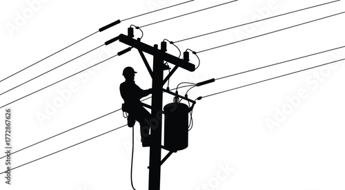 Utility worker silhouette on power pole, electrical maintenance safety gear, lineman ladder transformer repair, energy infrastructure, high voltage lines, industrial electricity service,