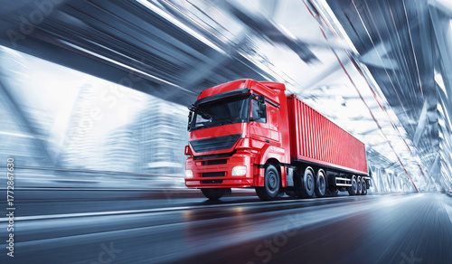 Red cargo truck in motion crossing modern steel bridge, symbolizing fast logistics, freight transport and international delivery efficiency in urban infrastructure.