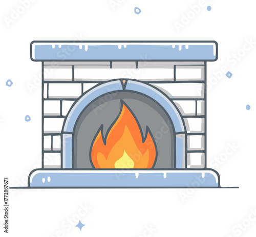 Warm fire blazing inside a brick fireplace with icy mantel and falling snowflakes cartoon illustration