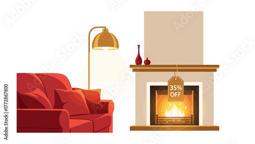 Cozy Interior Offer: Experience warmth and comfort with an illustrated cozy interior, featuring a inviting fireplace adorned with a special 35% discount offer.