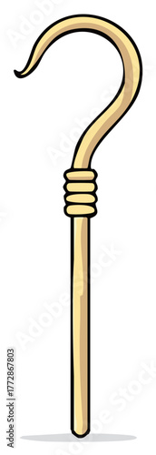 Cartoon style illustration of a beige shepherds crook walking staff with curved handle and wrapped hand grip