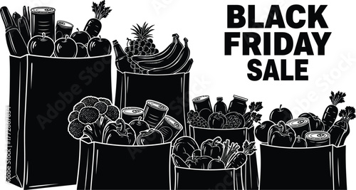 Exciting Black Friday grocery sale event featuring fresh produce and pantry staples at low prices isolated vector graphic on white background
