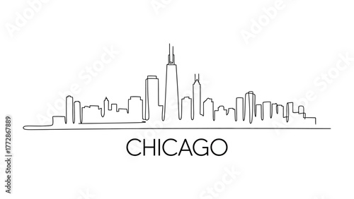 Chicago Skyline: An elegant, minimalist line drawing of the iconic city skyline, rendered in clean, sleek lines, capturing the essence of the urban landscape. 