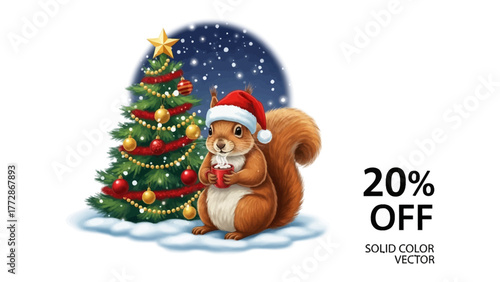 Holiday Squirrel Festive Cheer: A cute squirrel dressed in a Santa hat, holding a warm drink. A decorated Christmas tree adds a festive touch. It's a whimsical holiday promotion. 