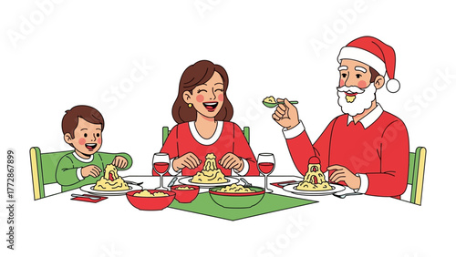 Family Christmas Dinner: a festive holiday meal, with three family members at the table in joyous celebration. Capture the warmth of a Christmas dinner.