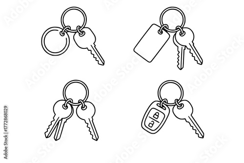 Four vector drawings of home keys with key holder