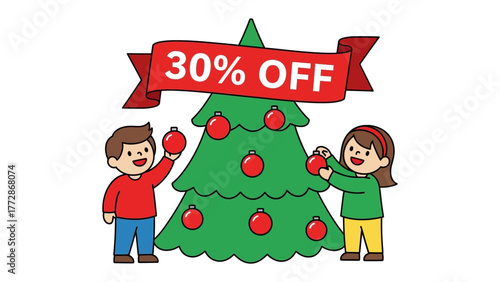 Holiday Shopping: Joyful children decorate a festive tree with vibrant ornaments, while an enticing banner announces a sale. This cheerful scene is perfect for holiday marketing.