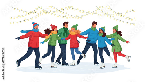 Winter Wonderland Friends Skating: A joyful group of friends glide across the ice, a cascade of happy faces and winter clothes beneath a string of twinkling lights.