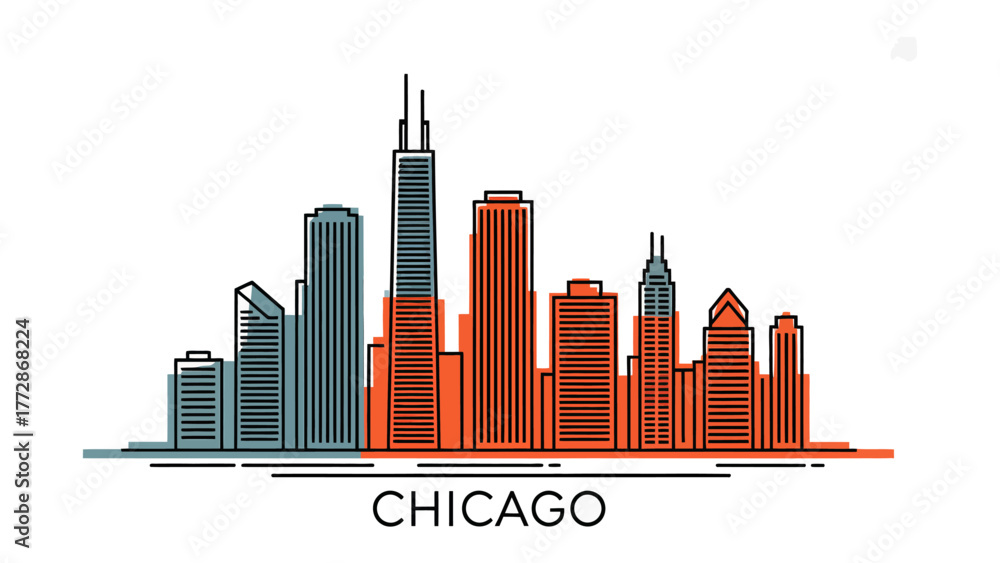 Fototapeta premium Chicago Skyline: A stylized illustration of Chicago's iconic skyline, showcasing its architectural marvels and urban landscape, embodying the city's spirit and modernity.