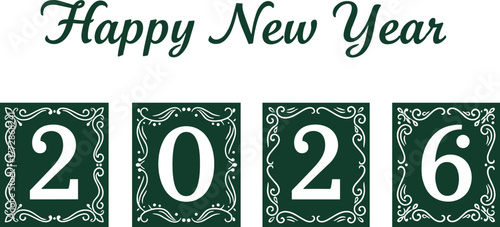 New, Year, 2026, Happy, Frame, Ornate, Green, Typography, Greeting, Card, Poster, Banner, Vector, Cad, Drawing, Design, Illustration, Decorative, Elegant, Icon