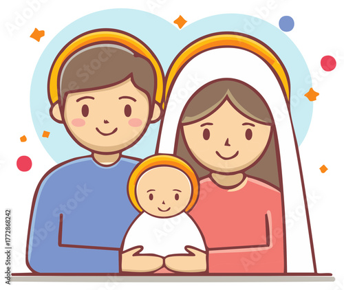 Cartoon Holy Family with Baby Jesus Madonna and Joseph Smiling Together