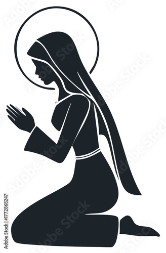 Silhouette of Praying Woman with Halo Symbolizing Spirituality and Religion