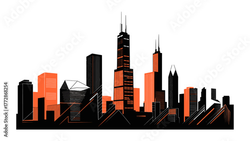Chicago Skyline Silhouette: A minimalist, artistic illustration capturing the iconic cityscape of Chicago, with striking orange and black hues, and a focus on architectural detail.