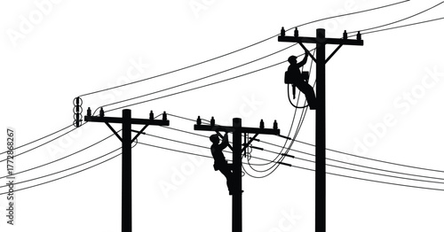 Silhouette utility poles with electrical wires, two lineworkers climbing, power line maintenance, electricity repair, dangerous job,