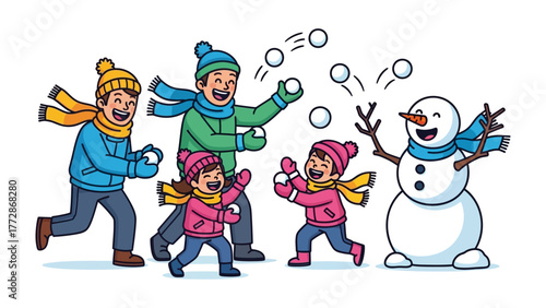 Joyful Snowball Fight with snowman:  A heartwarming illustration captures the pure joy of a playful snowball fight. A friendly snowman watches a group of people playing, snowball combat.