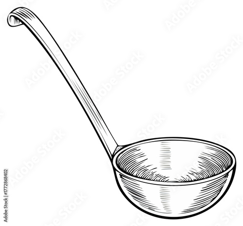 Classic Soup Ladle Tool in Black and White Sketch Style Kitchen Utensil Serving Equipment