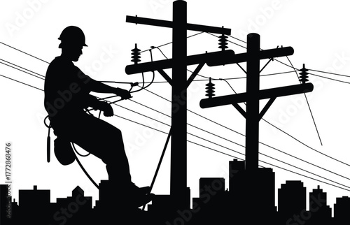 Utility worker silhouette climbing pole, electrical lineman safety gear, power line maintenance, urban cityscape background, electricity infrastructure repair,