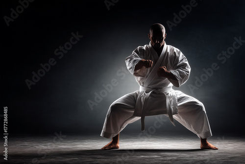 Dynamic karate practitioner in a deep horse stance performing a focused kata under dramatic low-key lighting — power, discipline and precision captured