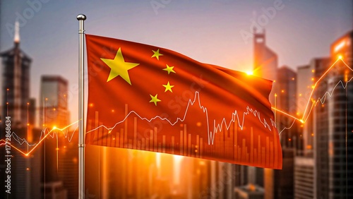 China flag with financial chart and city skyline representing economy growth
