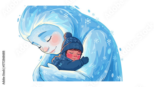 Winter Embrace: A tender moment as a gentle giant wraps a child in a warm embrace, creating a scene of love and protection within the winter wonderland.