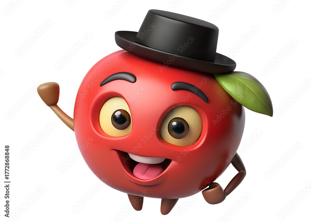 Fototapeta premium Happy cartoon apple character wearing a black top hat waving hello with a friendly smile