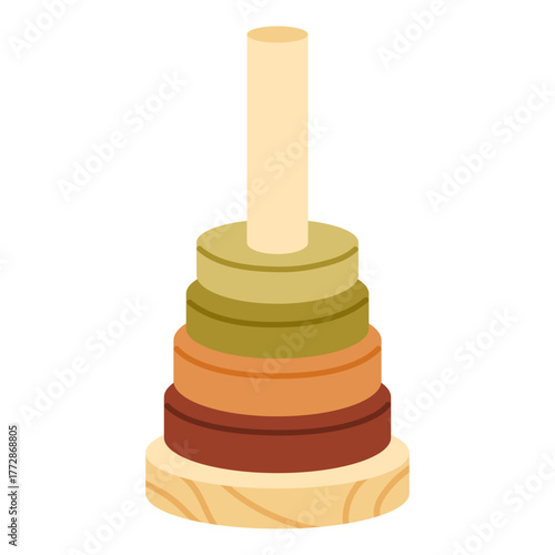 Toy pyramid. Wooden stacking ring tower. Baby toys for motor skills activities and logical thinking. Educational toy. Vector illustration in cartoon style. Isolated background