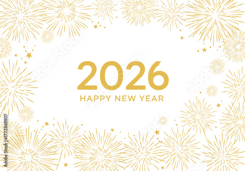 New, Year, 2026, Happy, Greeting, Card, Fireworks, Celebration, Gold, Stars, Festive, Vector, Cad, Drawing, Design, Illustration, Holiday, Decorative, Silhouette, Icon